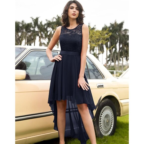 BeryLove Women Navy Sequin Chiffon Scoop Neck Sleeveless Lace Cocktail Dresses - Picture 7 of 7
